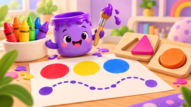 Chunky crayons, colorful shapes and a dotted tracing path
