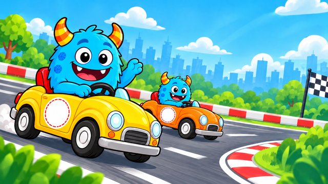 Friendly blue monsters driving colorful cars
