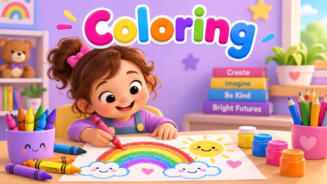 A cheerful child exploring colors with crayons and a rainbow