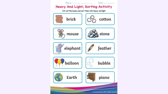 Preview of Heavy And Light | Cut And Paste | Activity For Grade 1