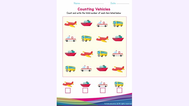Preview of Count the Numbers Worksheet: Vehicles Version