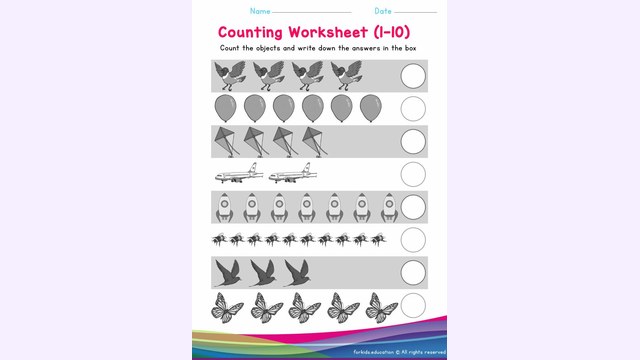Preview of Count The Objects (1-10) Kindergarten Worksheet